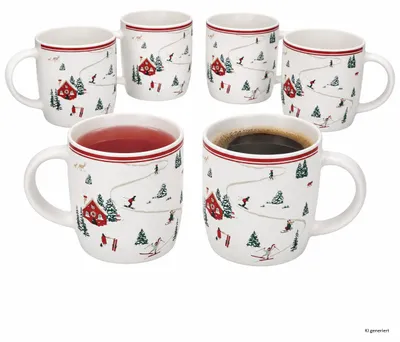 Produktbild von 6x Chalet Kaffeebecher 350ml Steingut Winter Ski Weihnachten Teetasse, KI-generiertes Bild