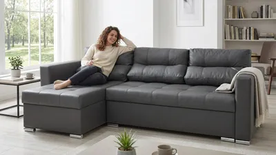 Produktbild von Ecksofa VARIUS Boston – mit Schlaffunktion, Kunstleder in Grau, Family Meble, KI-generiertes Bild