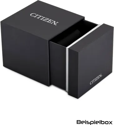 A black Citizen watch box, partially open, showing a silver accent band.