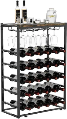 Produktbild von Weinständer stehend mit Glasablage, Flaschenhalter für 25 Flaschen und 12 Weingläser, Weinständer aus Metall, schwarz, mit Holzablage, geeignet für Küche, Bar, Keller, Esszimmer, 59 x 30 x 89 cm