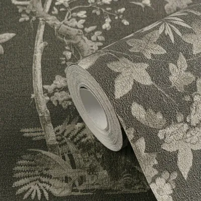 Produktbild von Blumen-Tapete mit Schmetterlinge Schwarz Grau - Vliestapete elegant strukturiert AS-Creation (KG-174681)