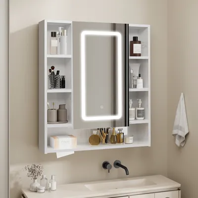 Produktbild von Puluomis Spiegelschrank Bad mit 3 färbiger dimmbarer Beleuchtung，Badezimmerschrank mit Papierschublade Wandschrank Badezimmer Weiß