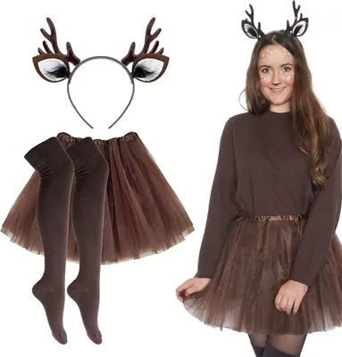 A model wearing a deer costume, with the costume components laid out separately.