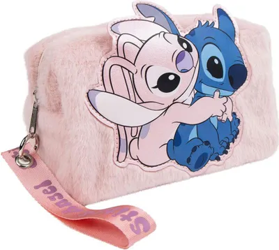 A pink cosmetic bag with Stitch and Angel characters on it.