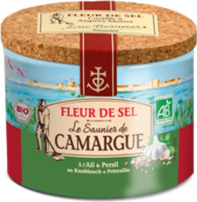 Produktbild von Le Saunier de Camargue Fleur de Sel Knoblauch Petersilie (125g Dose) + usy Block