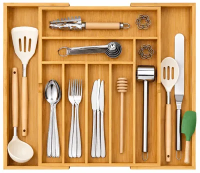 Produktbild von Besteckeinsatz Ausziehbarer Besteckkasten Bambus Schubladen Organizer,Besteckeinsatz,ausziehbar von 32 bis 53,5 cm, mit 7–9 Fächern, Besteckhalter