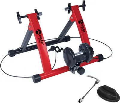 Produktbild von Magnetischer Rollentrainer Velo Pro Rot mit Matte – Klappbarer Indoor-Fahrradtrainer mit 6 Widerstandsstufen, kompatibel mit 26”–28” und 700C – Ideal für Training zu Hause
