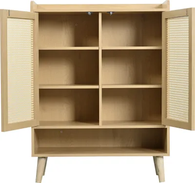 Produktbild von Flieks Rattan Kommode mit 2 Türen und Staufach, Sideboard Wohnzimmerschrank mit Massivholzbeinen, Aufbewahrungsschrank Anrichte, Naturbelassen