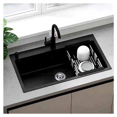 Produktbild von Einbauwaschbecken aus Edelstahl 304, schwarz, 80 cm x 45 cm mit Einhebelmischer und Wasseranschluss für Küche und Bad