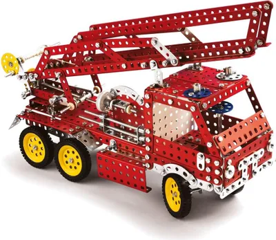 A toy fire truck made of metal construction pieces.