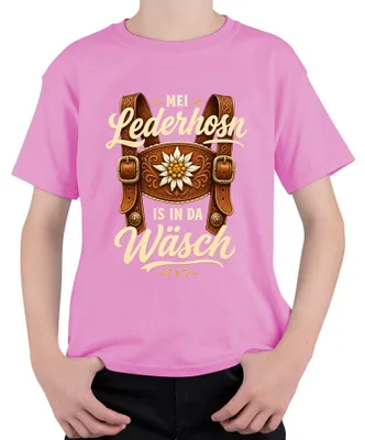 Produktbild von Mei Lederhosn is in da Wäsch Bayern Lederhose Dirndl Kinder T-Shirt, Pink, 116