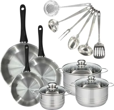 Image de Batterie de cuisine avec 3 poêles 20/24/28 cm et 3 faitouts 16/20/24 cm avec 6 ustensiles de cuisine sans PFAS Fackelmann Généva Brillant Oxford