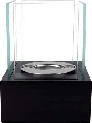 A black, rectangular base with a silver circular burner and glass panels surrounding it.