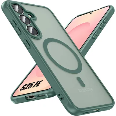 Image de Coque pour Samsung Galaxy S25 FE, Protection avec Anneau Magnétique et Vitre Caméra Antichoc - Vert Nuit