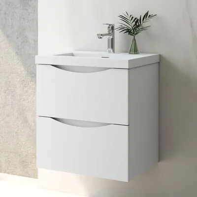 Produktbild von Badmöbel Set 50 cm Smiley Weiß Rechteckiges Waschbecken mit Unterschrank Hängeschrank Softclose