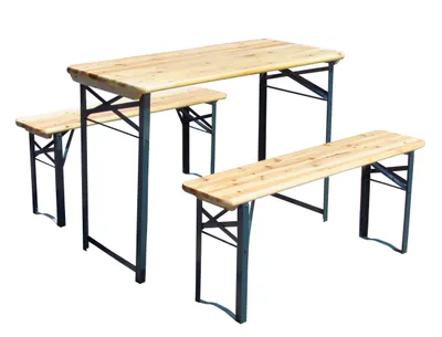 Produktbild von Balkon-Bierzeltgarnitur 3-teilig 110cm lang | 1 x Tisch 2 x Bank | aus Holz mit lackiertem Stahlgestell
