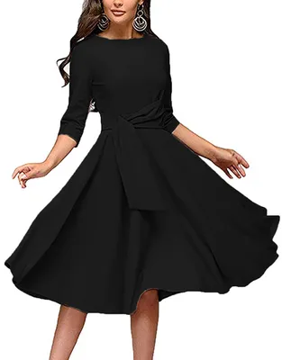 Produktbild von FENJAR Damen Elegance Audrey Hepburn Stil Rüschen 3/4 Ärmel Midi A-Linie Kleid,