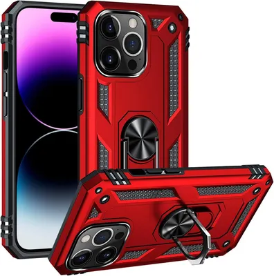 Produktbild von Conie Outdoor Schutzhülle für iPhone 14 Pro Tasche Silikon Hard Case Cover Hülle mit Halter Ständer in Rot