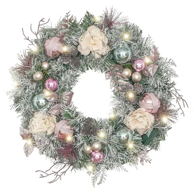 Künstlicher Weihnachtskranz 46 cm, LED, Timer, weiß-rosa