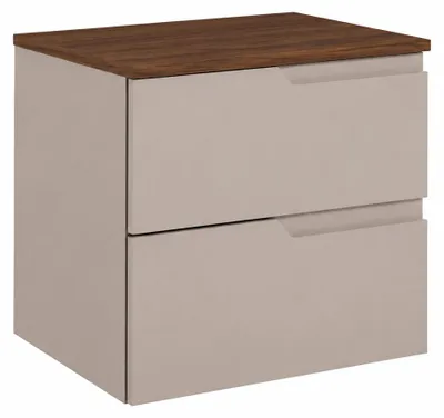 Immagine prodotto di Mobile bagno sospeso, 60 cm, con cassetti, struttura in impiallacciatura di noce e piano in legno di noce, dimensioni 60 x 46 x 58,6 cm, Immagine generata dall'IA