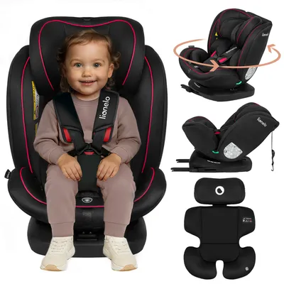A collage of images showing a child in a car seat, the car seat from different angles, and a car seat insert.