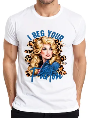 Imagen del producto de Camiseta para hombre, estilo retro western, con la imagen de la cantante de música country "I Beg Your Parton", diseño "Dolly" de los años 80, color blanco, talla M