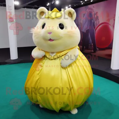 Immagine prodotto di Personaggio del costume della mascotte REDBROKOLY del criceto giallo vestito con un abito da ballo e spille da bavero