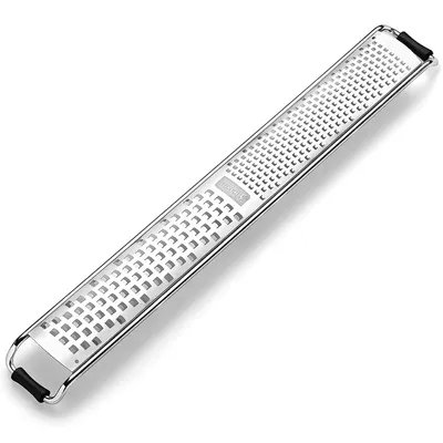 A stainless steel grater with black handles on a white background.