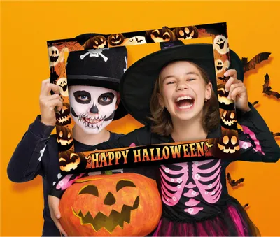 Immagine prodotto di Cornice per foto di Halloween spaventosa e divertente, facce di zucca, scheletri, oggetti di scena per feste spettrali, decorazione per foto di travestimento, colore: multicolore