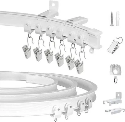 Obrázek produktu pro Ibenzoa® Flexibilní, ohebná kolejnice pro závěsy, 6 metrů – PVC s ocelovou výztuží, 50 kluzných kuliček, 50 úchytů, tiché kolečka, montáž na strop i stěnu