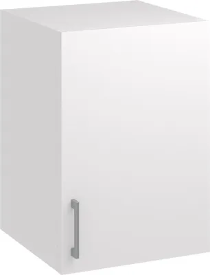 A white kitchen cabinet with a silver handle.