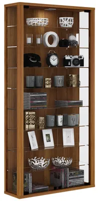 A tall, narrow glass display cabinet filled with various decorative items and media.
