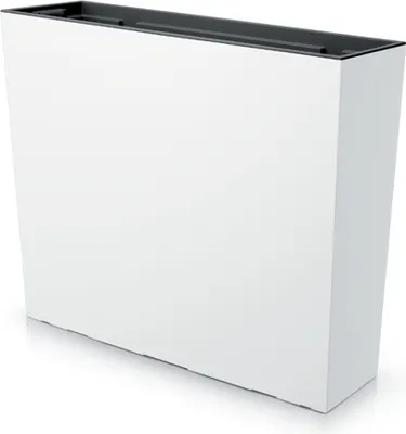A white rectangular planter box with a black rim, shown from a slight angle against a white background.