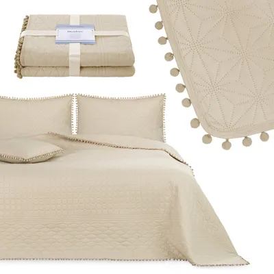 Produktbild von Tagesdecke Wohndecke Pompons und Steppung Wendefunktion Beige - 220 x 240 cm