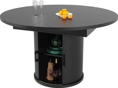 Produktbild von Flieks runder Esstisch ausziehbar zu oval, Teleskoptisch 118-158x118x76.8 cm, Küchentisch mit Stauraum und Schiebetüren, großer Rundtisch schwarz