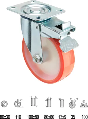 Obrázek produktu pro Průmyslové kolečko z polyuretanu s deskou a brzdou 80 mm.