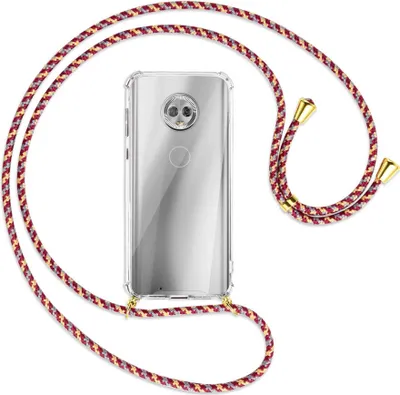 Produktbild von Handykette Backcover-Schutzhülle mit Band (Metall goldfarben) für Motorola Moto G6 - weinrot/gelb/grau