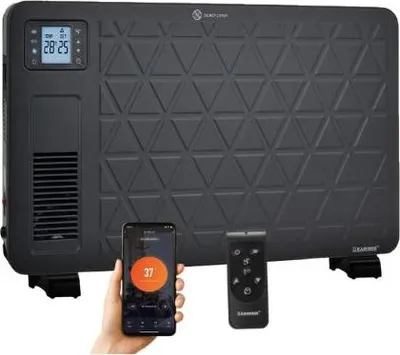 A black electric heater is shown with a smartphone and a remote control in front of it. The smartphone displays a heating app interface.