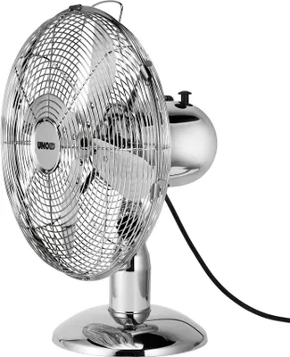 Der Unold TISCHVENTILATOR CHROME ist ein metallisch glänzender Tischventilator mit rundem Standfuß, 