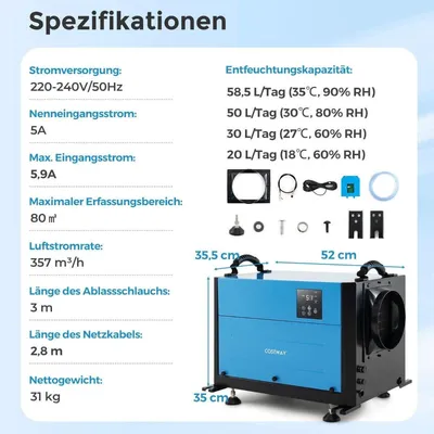 Image de Déshumidificateur commercial, 3 modes, minuterie 24 h, capacité 58 l/jour