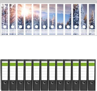Produktbild von Wallario 12 Stück breite Ordner inkl. Klebeetiketten mit Motive Sonnenaufgang  über  einen  Winterwald -  Set mit Rückenschildern / Ordnerrücken Stickern