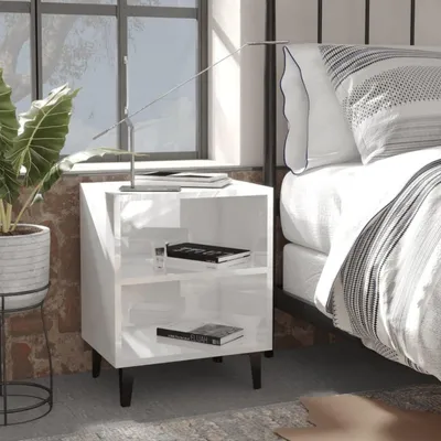 Image de Table de chevet, lot de 2, pieds en métal, 40x30x50 cm, blanc brillant