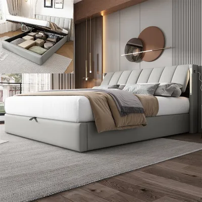 Zdjęcie produktu dla Łóżko tapicerowane Sweiko 160 x 200 cm, łóżko hydrauliczne, z oświetleniem LED, z miejscem do przechowywania, regulowane wezgłowie, PU, szare