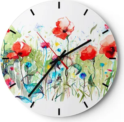 Produktbild von Wanduhr - Rund - Glasuhr - Blumen Wiese Blatt Natur - 40x40cm - Schleichendes Uhrwerk - Lautlos - zum Aufhängen bereit - Dekoration Modern - Wanddekoration aus Glas - C3AR40x40-3076