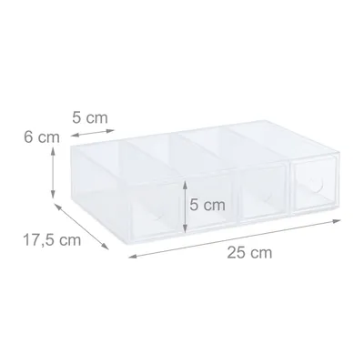 Immagine prodotto di Relaxdays Cassettiera in plastica, A x L x P: 6 x 25 x 17,5 cm, orientamento verticale e orizzontale, elemento a cassetti a 4 scomparti, trasparente