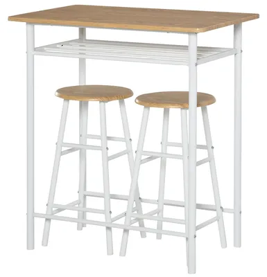 Produktbild von Bartisch Set Bartisch mit 2 Barhockern Essgruppe Kš¹chentisch mit Lagerregal Esstisch fš¹r Esszimmer, Kš¹che, Wei?