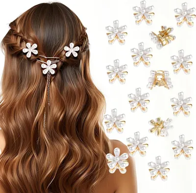 Produktbild von 16 Stück Mini-Haarspangen mit Perlen - Blumenhaarklemmen - süße Haarspangen - süße Ponynadeln - elegante Brautklammern für Frauen und Mädchen - Haaraccessoires