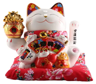 Keramik Maneki Neko Glückskatze, schwingender Arm, 18x14x17 cm