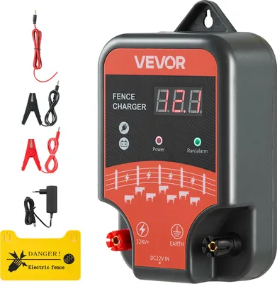 A VEVOR fence charger and its accessories are displayed against a multi-colored background.