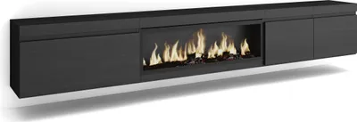 A modern black wall-mounted fireplace.